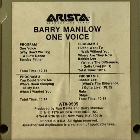 Vintage 8-Track - Barry Manilow - One Voice - 1979 Arista Records - Picture 5 of 6